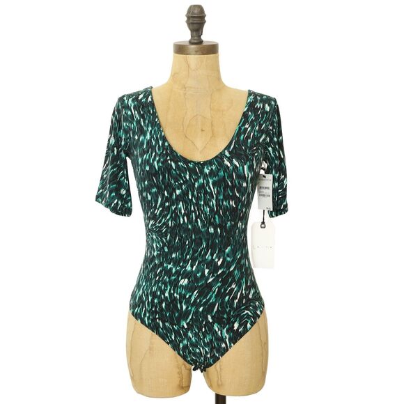 LEITH Nordstrom Short Sleeve Deep Scoop Neck Bodysuit S Green Bug Swirl NWT B62 - Picture 2 of 6